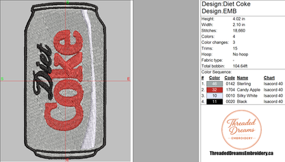 Diet Coke Embroidery Design File | Digital Download | 6 Sizes & 7 Formats Included Threaded Dreams