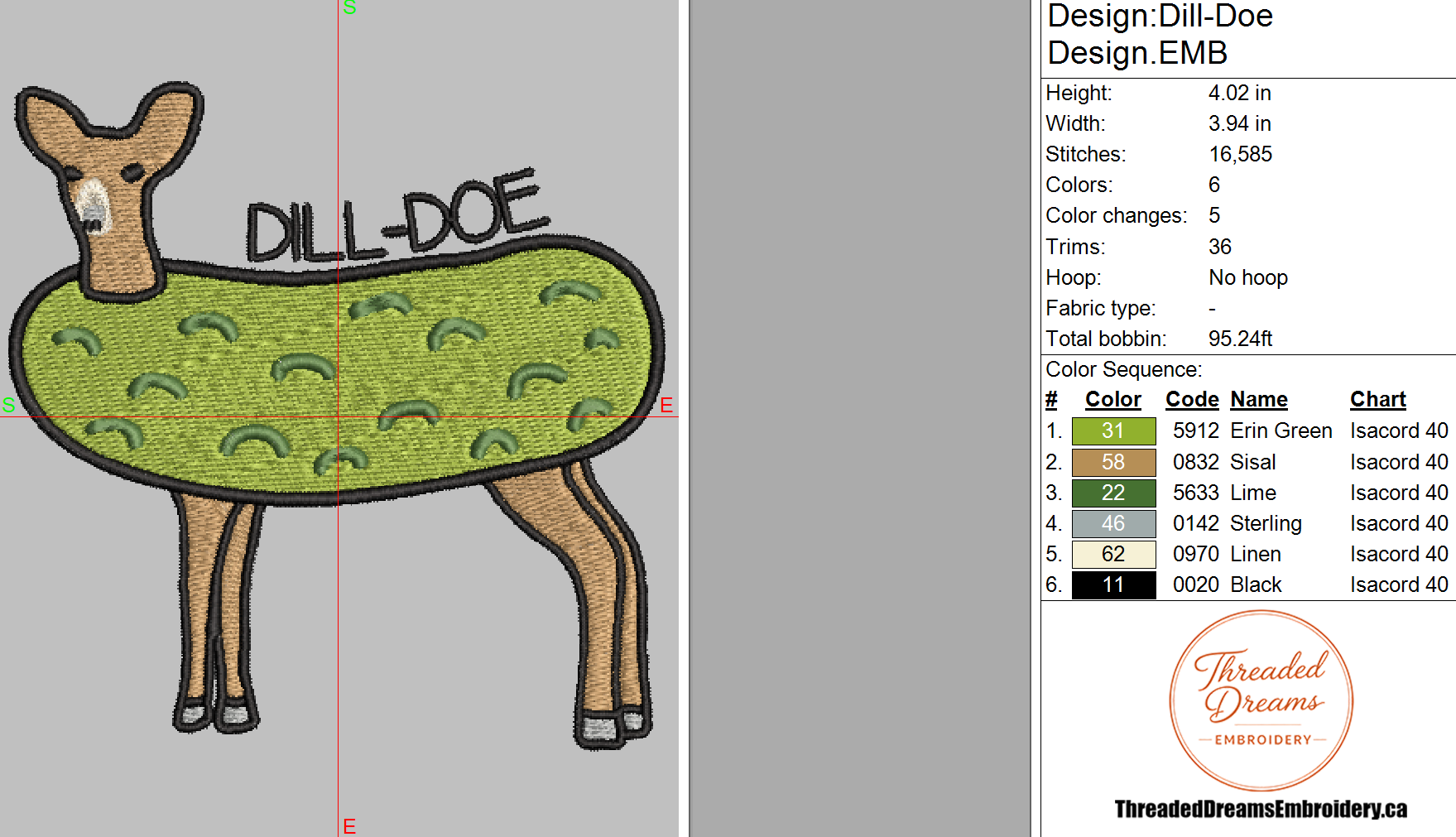 Dill-Doe Embroidery Design File | Digital Download | 6 Sizes & 7 Formats Included Threaded Dreams