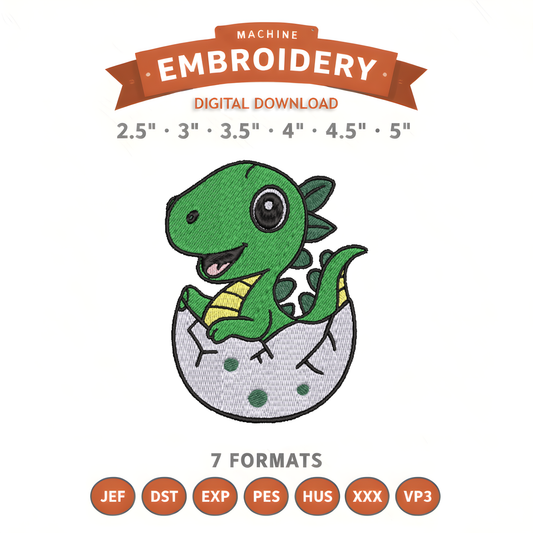 Dino Hatching Embroidery Design File | Digital Download | 6 Sizes & 7 Formats Included Threaded Dreams