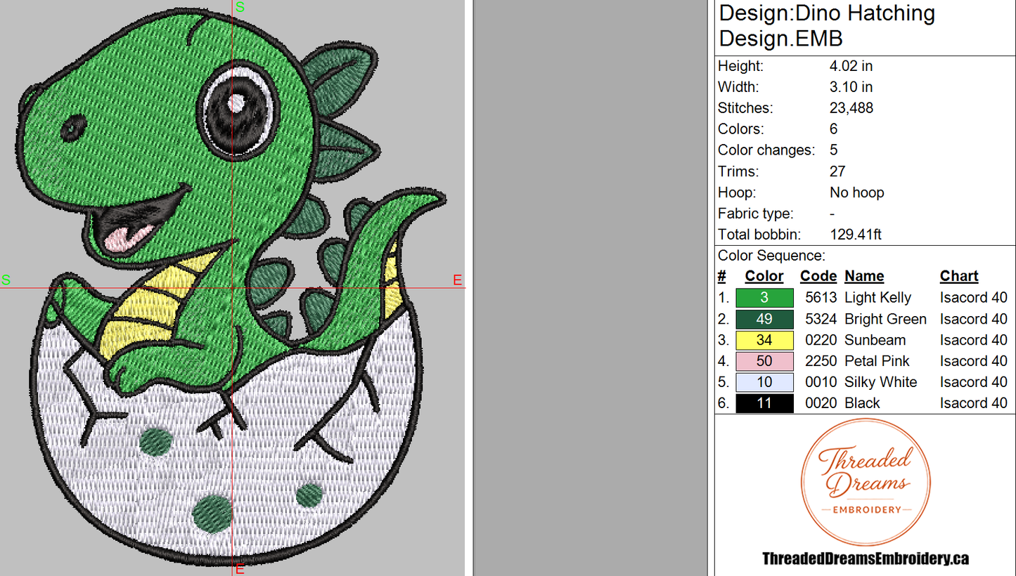 Dino Hatching Embroidery Design File | Digital Download | 6 Sizes & 7 Formats Included Threaded Dreams