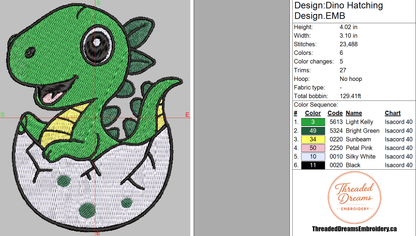 Dino Hatching Embroidery Design File | Digital Download | 6 Sizes & 7 Formats Included Threaded Dreams