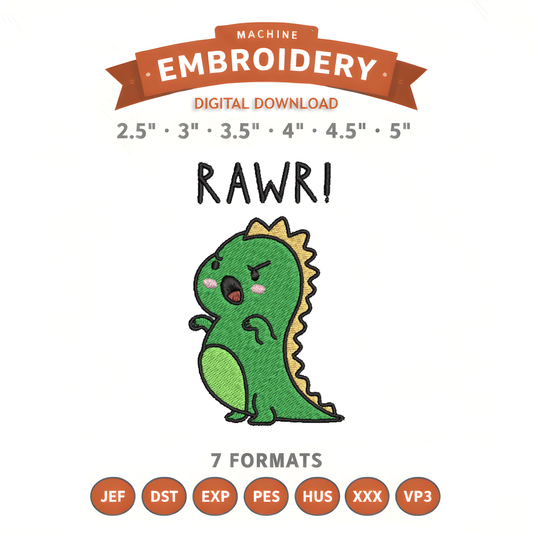 Dino Rawr Embroidery Design File | Digital Download | 6 Sizes & 7 Formats Included Threaded Dreams