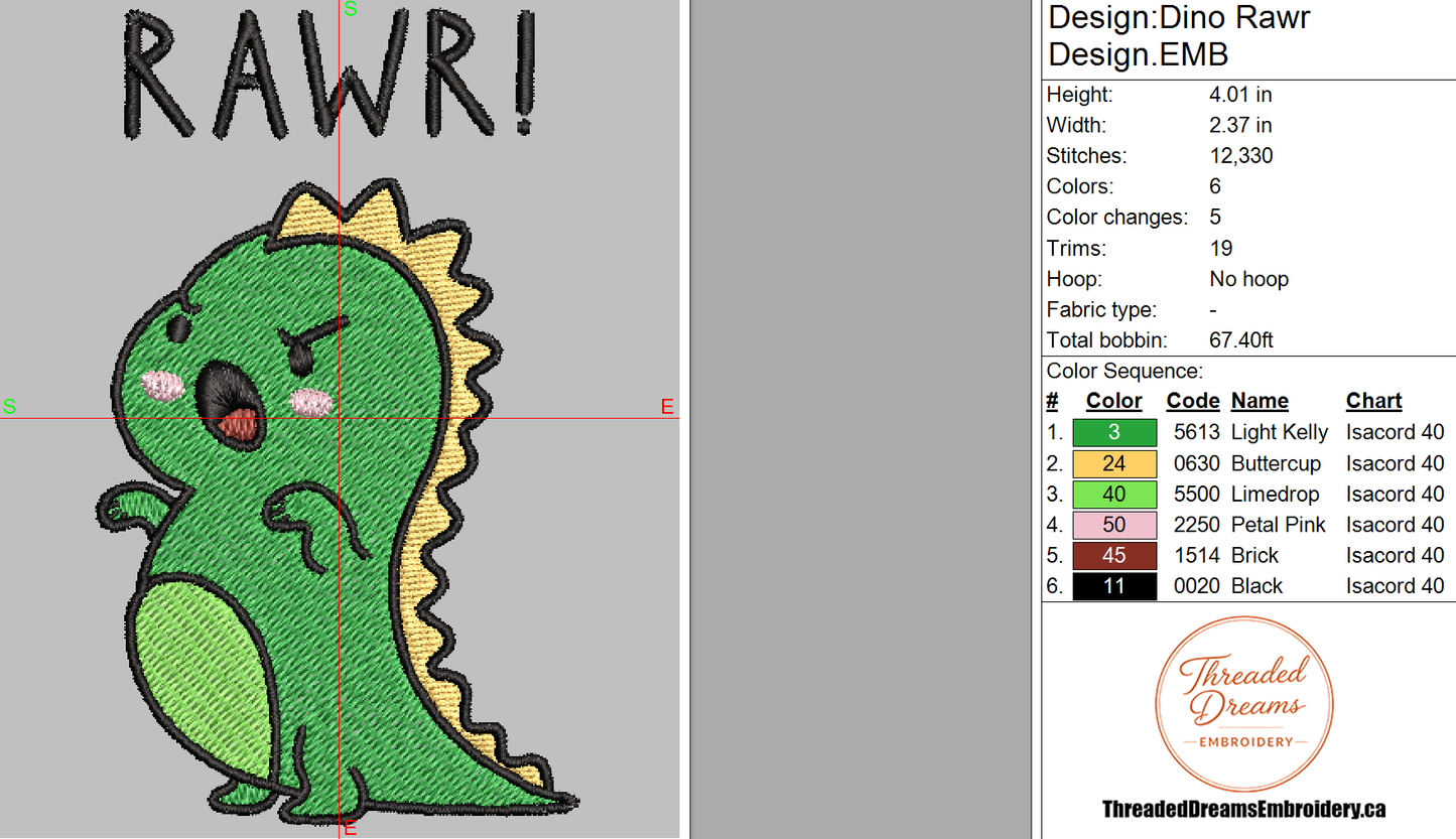 Dino Rawr Embroidery Design File | Digital Download | 6 Sizes & 7 Formats Included Threaded Dreams
