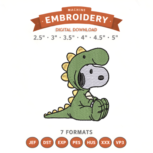 Dino Snoopy Embroidery Design File | Digital Download | 6 Sizes & 7 Formats Included Threaded Dreams