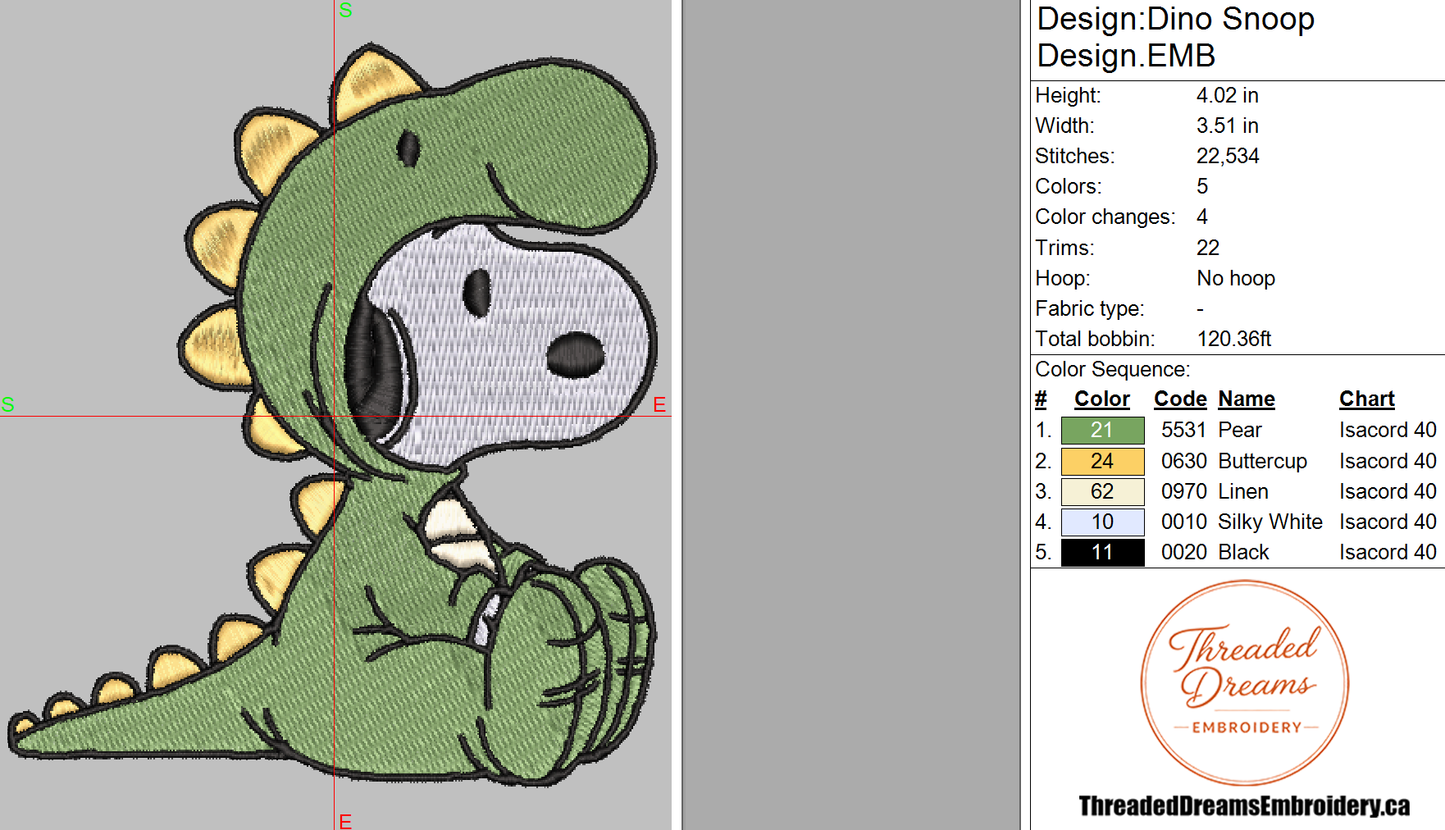 Dino Snoopy Embroidery Design File | Digital Download | 6 Sizes & 7 Formats Included Threaded Dreams