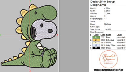 Dino Snoopy Embroidery Design File | Digital Download | 6 Sizes & 7 Formats Included Threaded Dreams