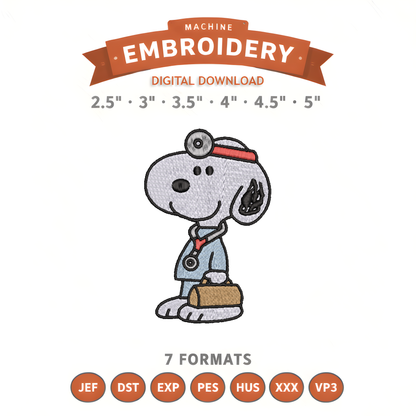 Doctor Snoopy Embroidery Design File | Digital Download | 6 Sizes & 7 Formats Included Threaded Dreams