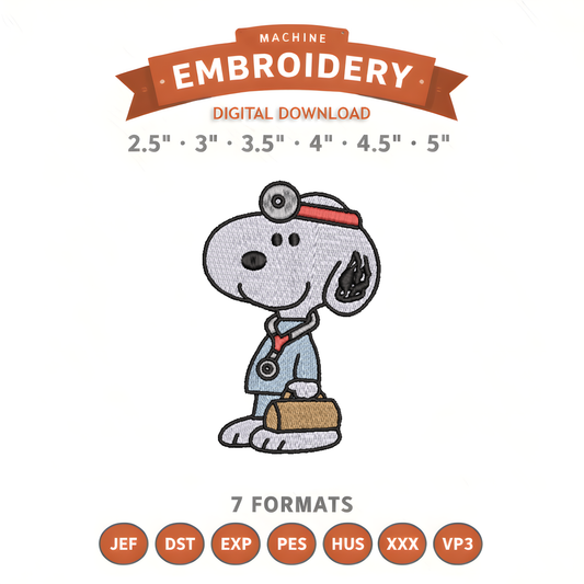 Doctor Snoopy Embroidery Design File | Digital Download | 6 Sizes & 7 Formats Included Threaded Dreams
