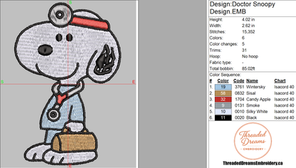 Doctor Snoopy Embroidery Design File | Digital Download | 6 Sizes & 7 Formats Included Threaded Dreams