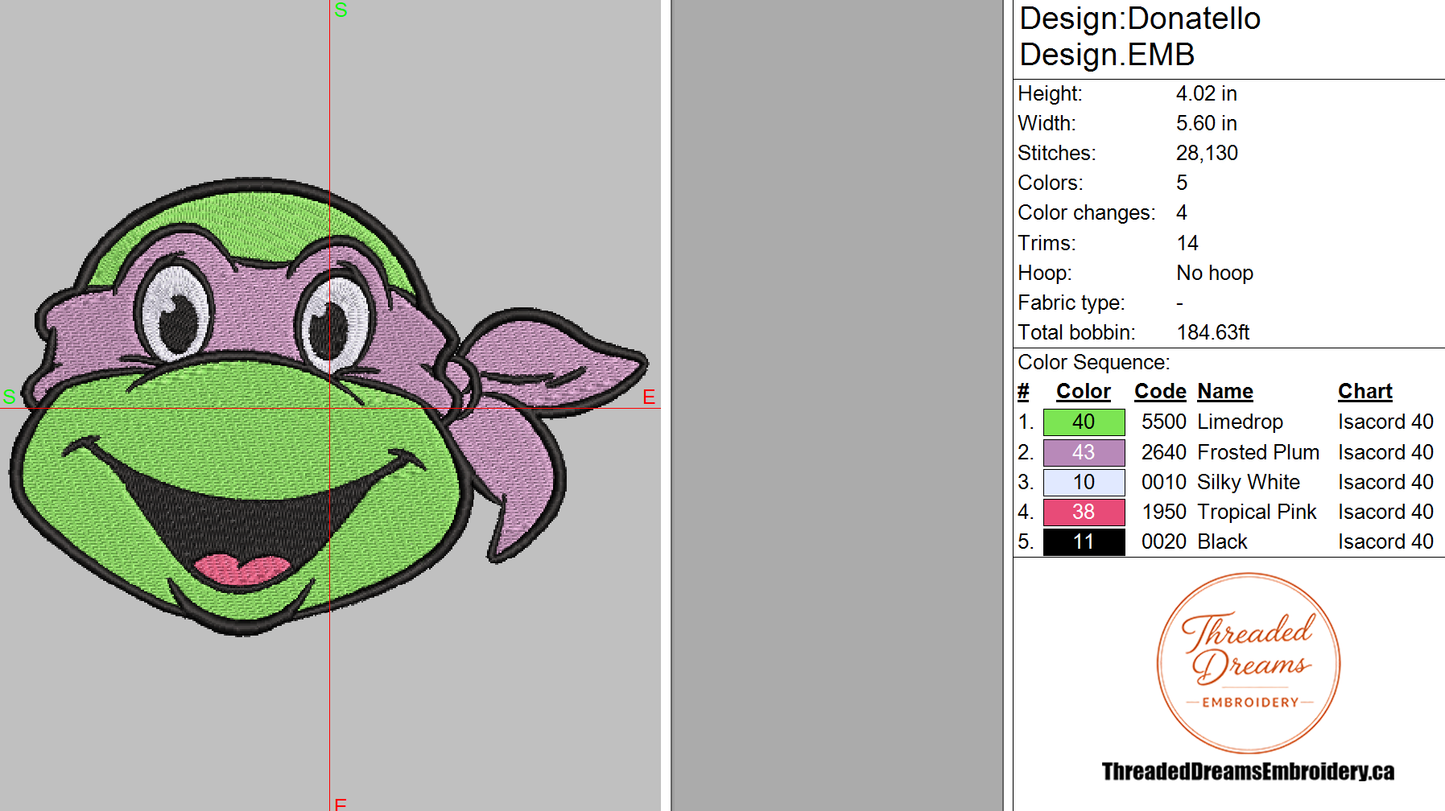 Ninja Turtles Donatello Embroidery Design File | Digital Download | 6 Sizes & 7 Formats Included Threaded Dreams