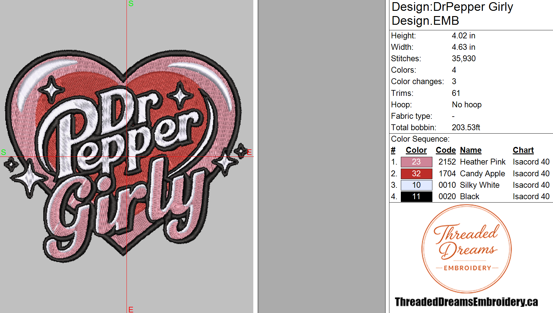 Dr Pepper Girly Embroidery Design File | Digital Download | 6 Sizes & 7 Formats Included Threaded Dreams