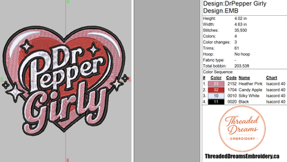 Dr Pepper Girly Embroidery Design File | Digital Download | 6 Sizes & 7 Formats Included Threaded Dreams