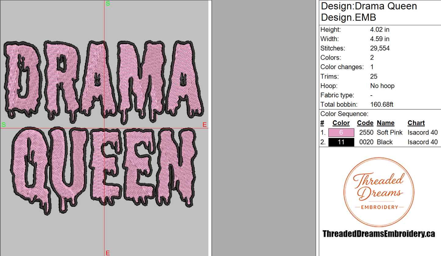 Drama Queen Embroidery Design File | Digital Download | 6 Sizes & 7 Formats Included Threaded Dreams