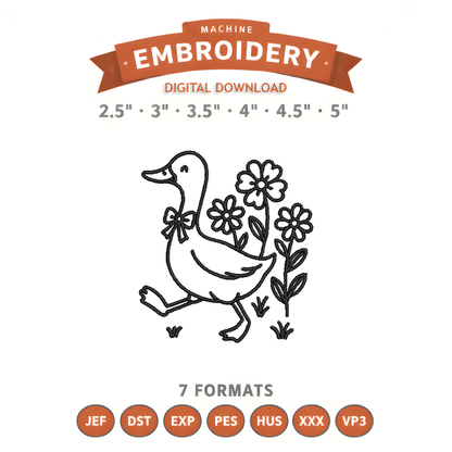 Duck with Flowers Embroidery Design File | Digital Download | 6 Sizes & 7 Formats Included Threaded Dreams