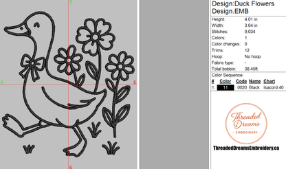 Duck with Flowers Embroidery Design File | Digital Download | 6 Sizes & 7 Formats Included Threaded Dreams