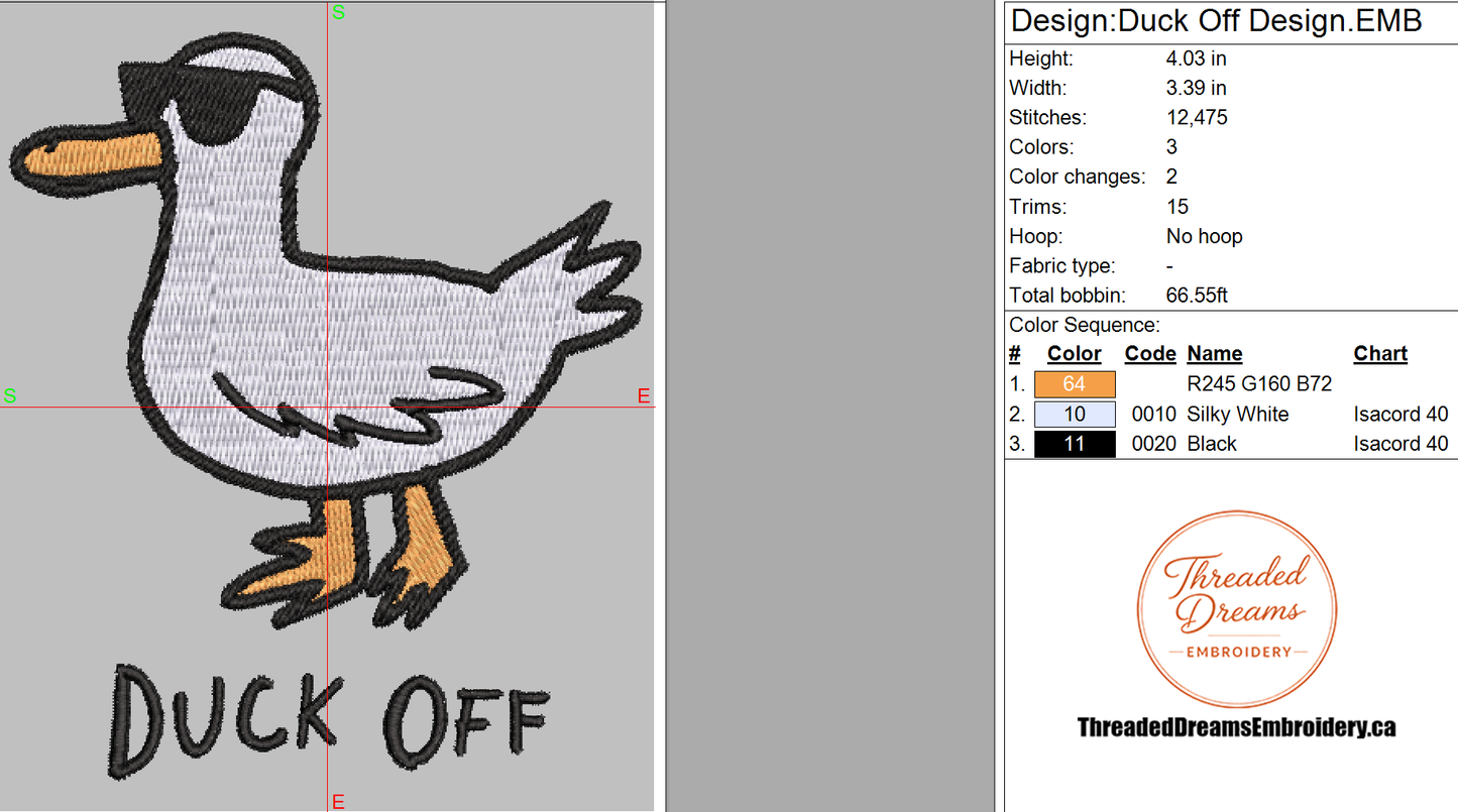 Duck Off Embroidery Design File | Digital Download | 6 Sizes & 7 Formats Included Threaded Dreams
