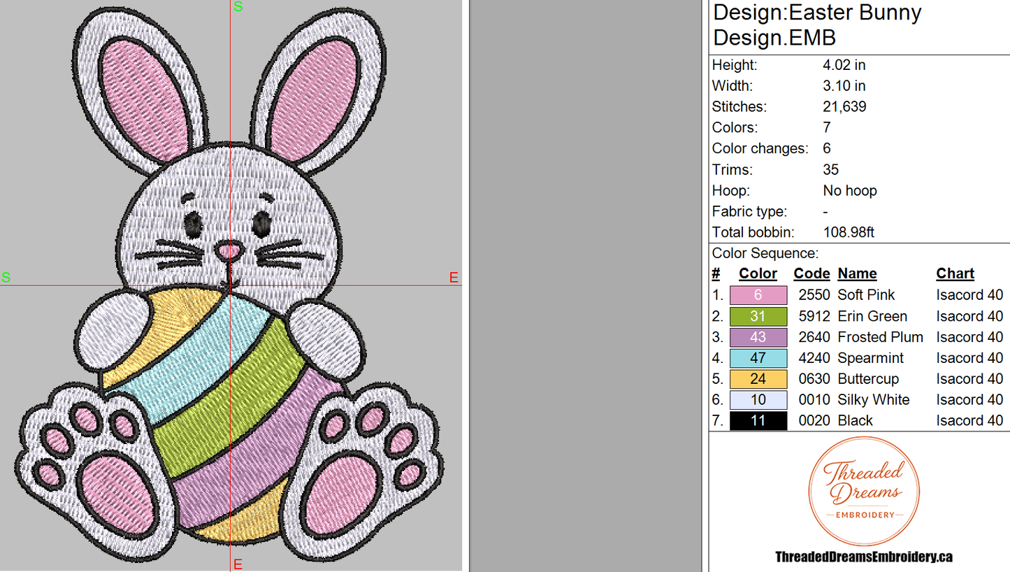 Easter Bunny Embroidery Design File | Digital Download | 6 Sizes & 7 Formats Included Threaded Dreams