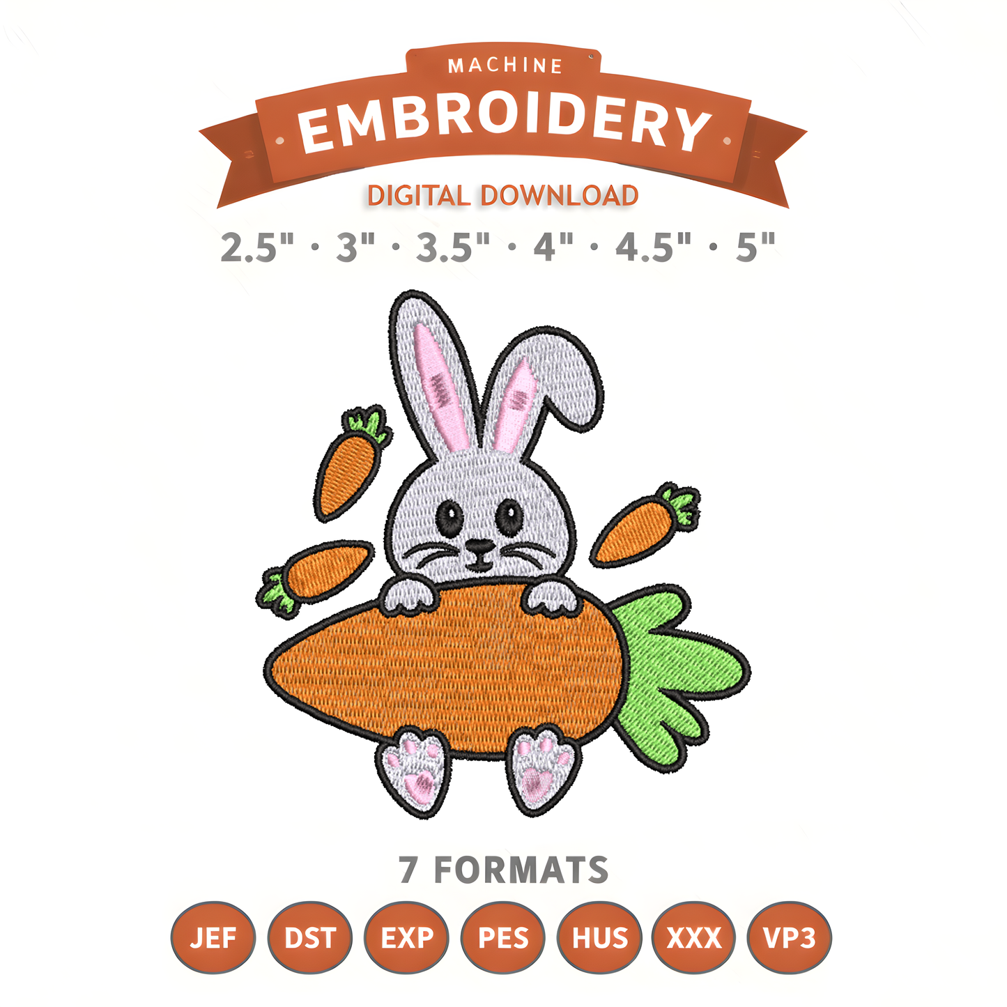 Easter Bunny With Carrot Embroidery Design File | Digital Download | 6 Sizes & 7 Formats Included Threaded Dreams