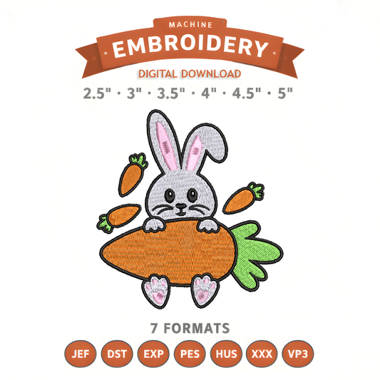 Easter Bunny With Carrot Embroidery Design File | Digital Download | 6 Sizes & 7 Formats Included Threaded Dreams
