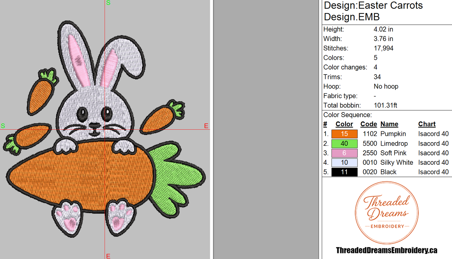 Easter Bunny With Carrot Embroidery Design File | Digital Download | 6 Sizes & 7 Formats Included Threaded Dreams