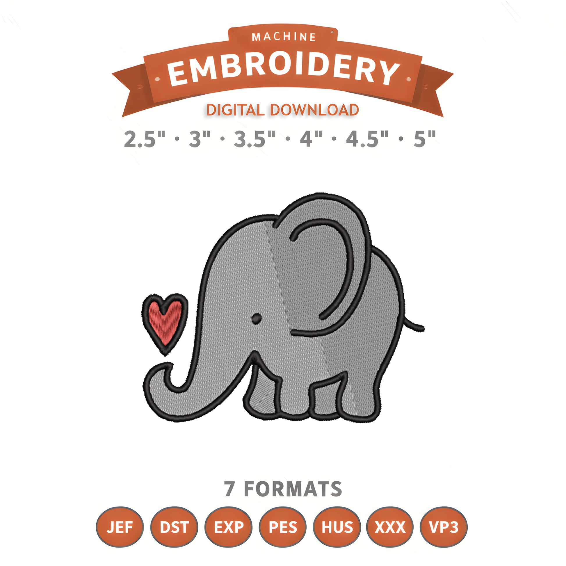 Elephant Love Embroidery Design File | Digital Download | 6 Sizes & 7 Formats Included Threaded Dreams