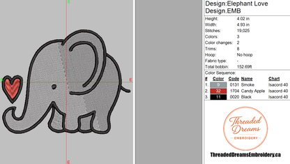 Elephant Love Embroidery Design File | Digital Download | 6 Sizes & 7 Formats Included Threaded Dreams