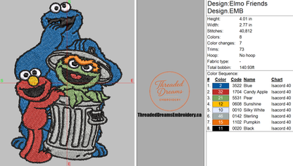 Elmo Friends Embroidery Design File | Digital Download | 6 Sizes & 7 Formats Included Threaded Dreams