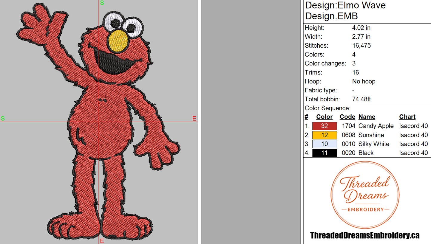 Elmo Wave Embroidery Design File | Digital Download | 6 Sizes & 7 Formats Included Threaded Dreams