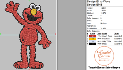Elmo Wave Embroidery Design File | Digital Download | 6 Sizes & 7 Formats Included Threaded Dreams