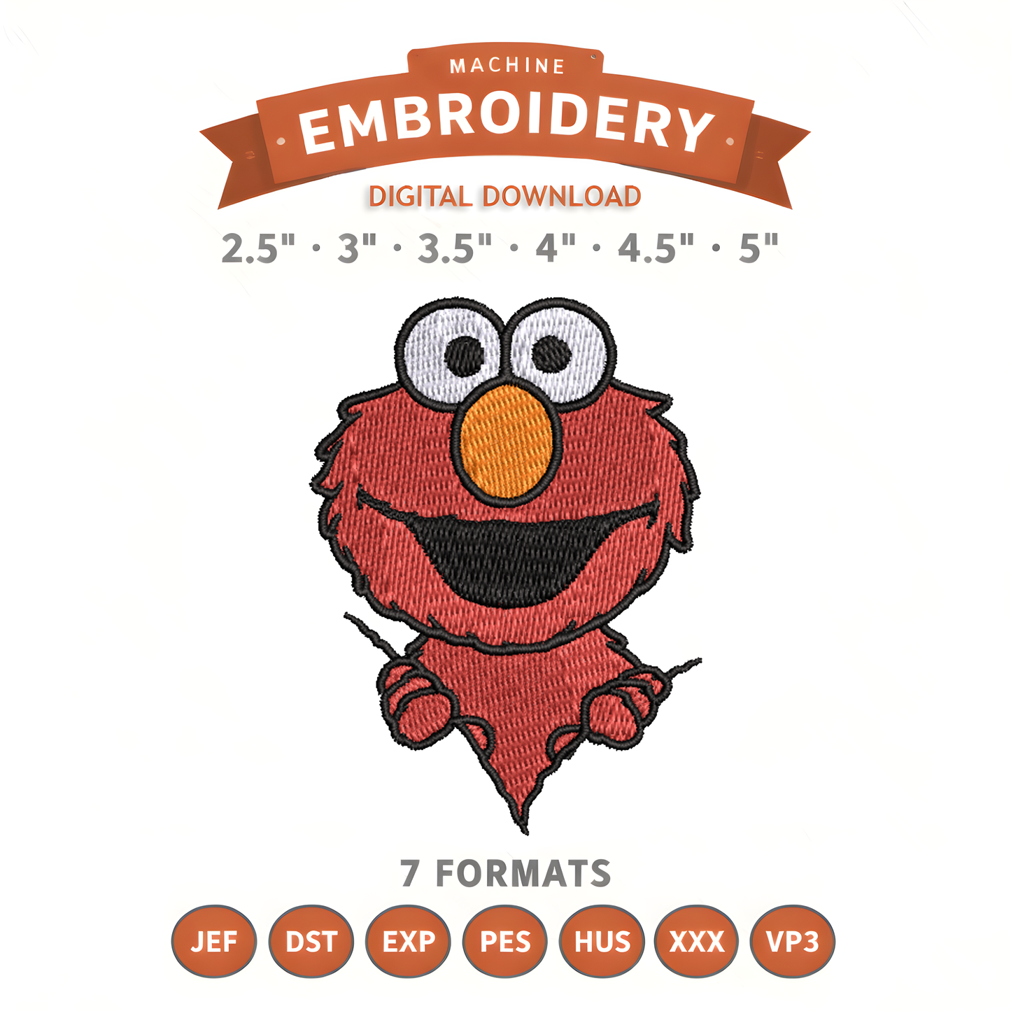 Elmo Zipper Embroidery Design File | Digital Download | 6 Sizes & 7 Formats Included Threaded Dreams