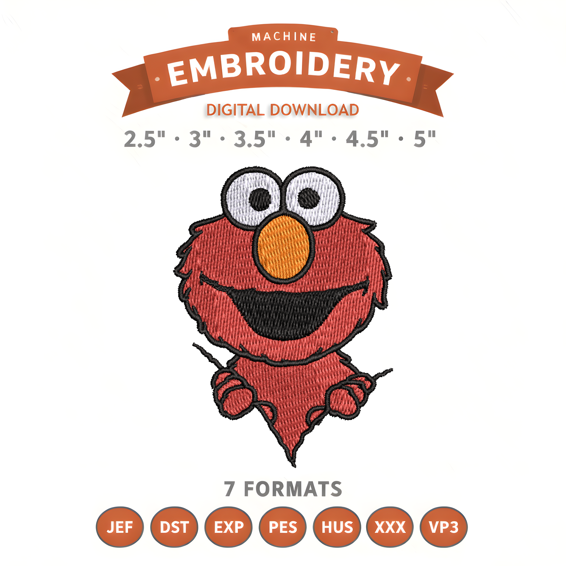 Elmo Zipper Embroidery Design File | Digital Download | 6 Sizes & 7 Formats Included Threaded Dreams