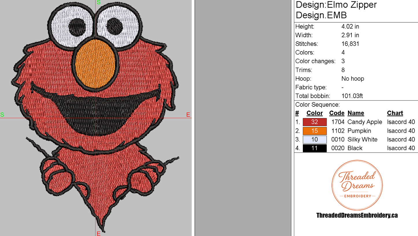 Elmo Zipper Embroidery Design File | Digital Download | 6 Sizes & 7 Formats Included Threaded Dreams