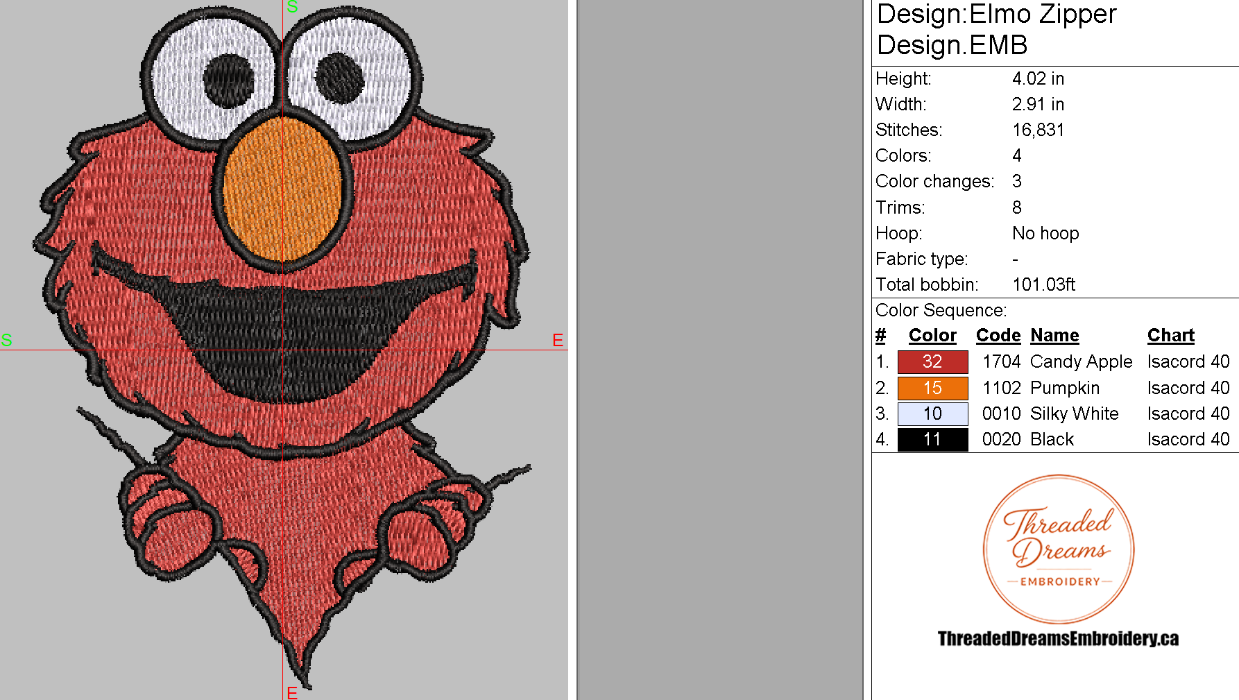 Elmo Zipper Embroidery Design File | Digital Download | 6 Sizes & 7 Formats Included Threaded Dreams