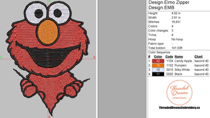 Elmo Zipper Embroidery Design File | Digital Download | 6 Sizes & 7 Formats Included Threaded Dreams