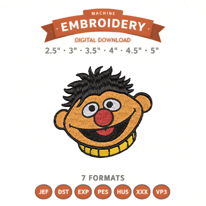 Ernie Sesame Street Embroidery Design File | Digital Download | 6 Sizes & 7 Formats Included