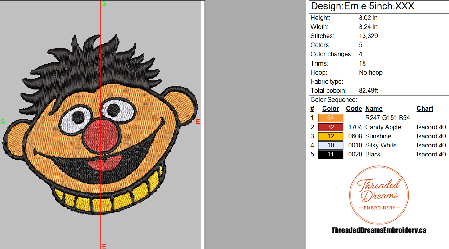 Ernie Sesame Street Embroidery Design File | Digital Download | 6 Sizes & 7 Formats Included