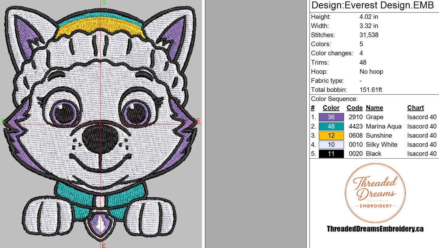 Paw Patrol Everest Embroidery Design File | Digital Download | 6 Sizes & 7 Formats Included Threaded Dreams