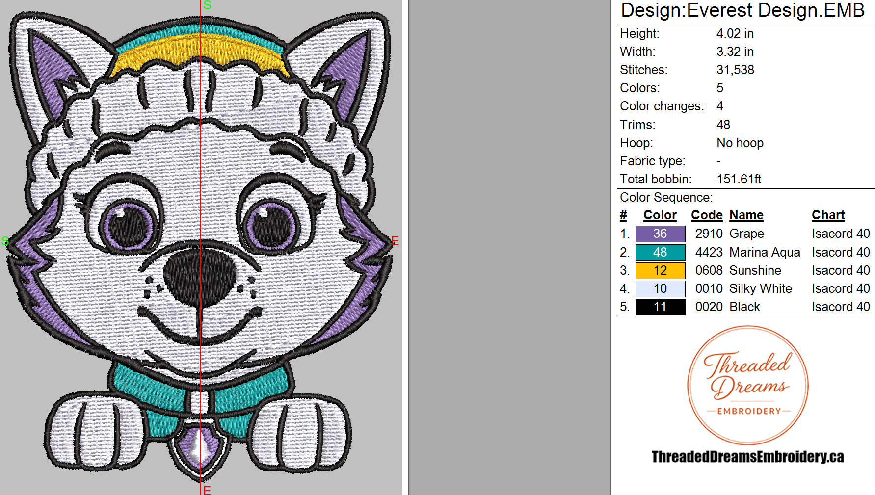 Paw Patrol Everest Embroidery Design File | Digital Download | 6 Sizes & 7 Formats Included Threaded Dreams