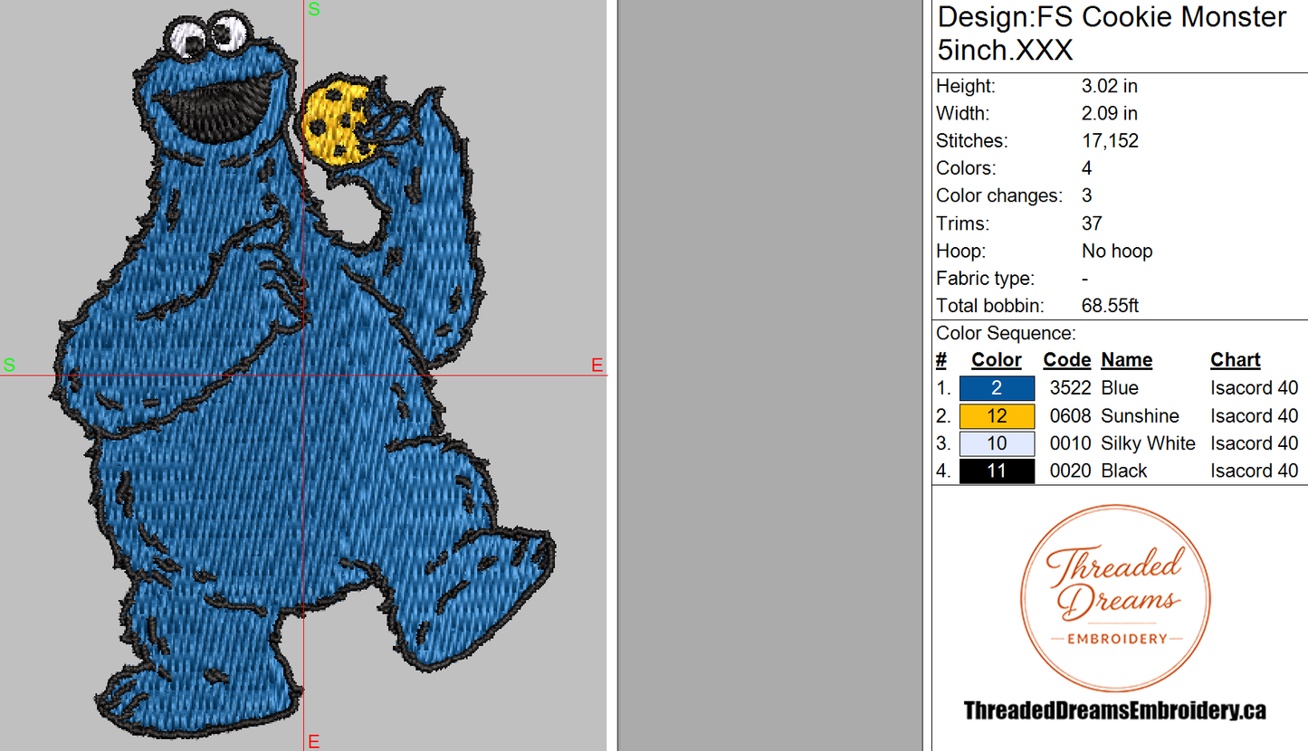 Cookie Monster Sesame Street Embroidery Design File | Digital Download | 6 Sizes & 7 Formats Included