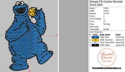Cookie Monster Sesame Street Embroidery Design File | Digital Download | 6 Sizes & 7 Formats Included