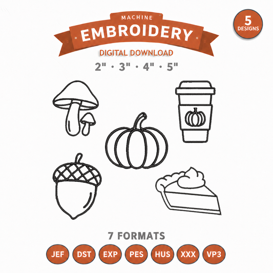 Fall Outline Machine Embroidery Bundle | 5 Designs, 4 Sizes & 7 Formats | Digital Download Threaded Dreams