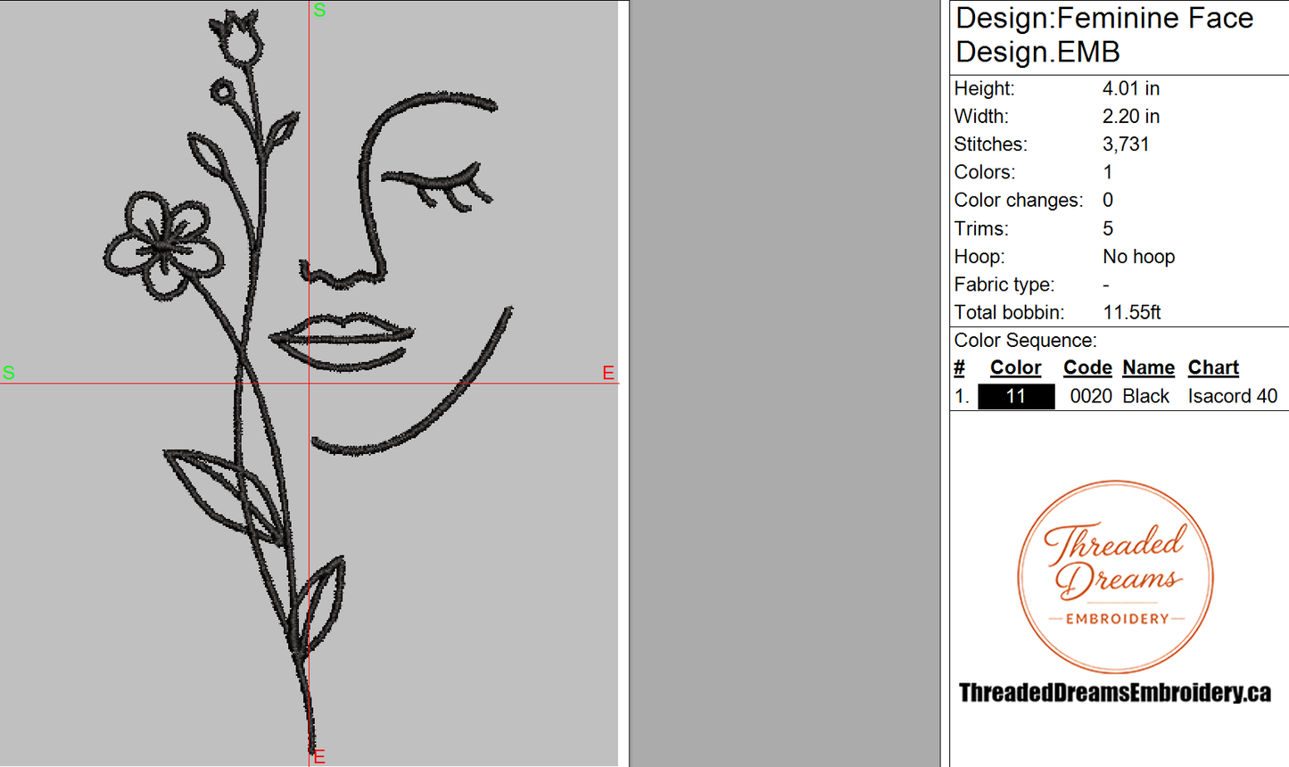Feminine Face Embroidery Design File | Digital Download | 6 Sizes & 7 Formats Included Threaded Dreams