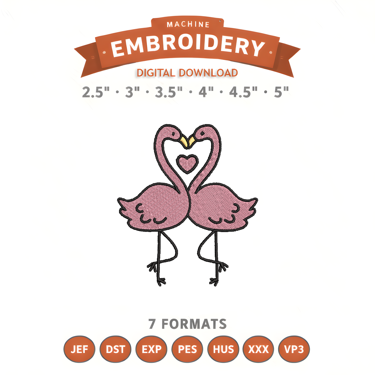 Flamingo Love Embroidery Design File | Digital Download | 6 Sizes & 7 Formats Included Threaded Dreams