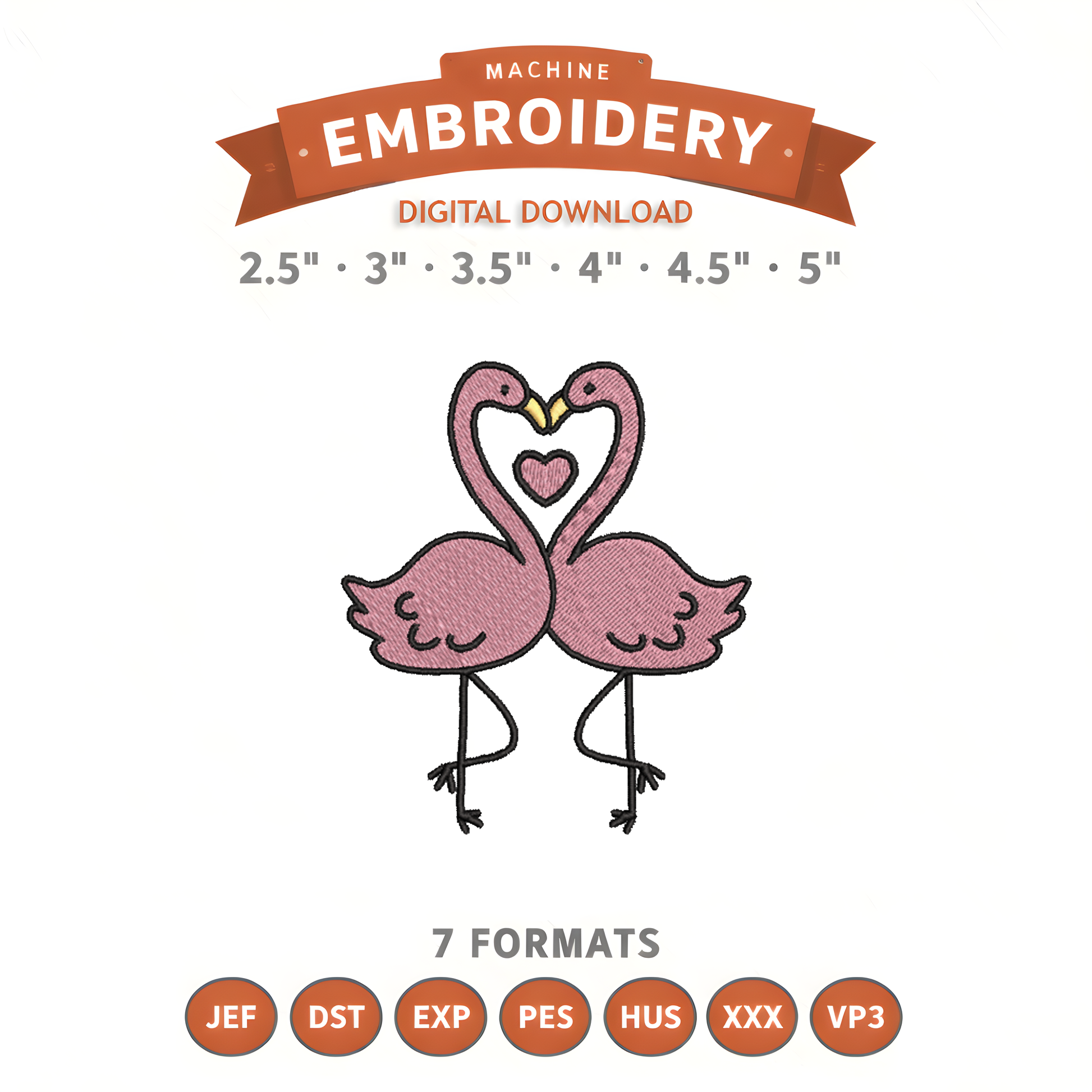 Flamingo Love Embroidery Design File | Digital Download | 6 Sizes & 7 Formats Included Threaded Dreams
