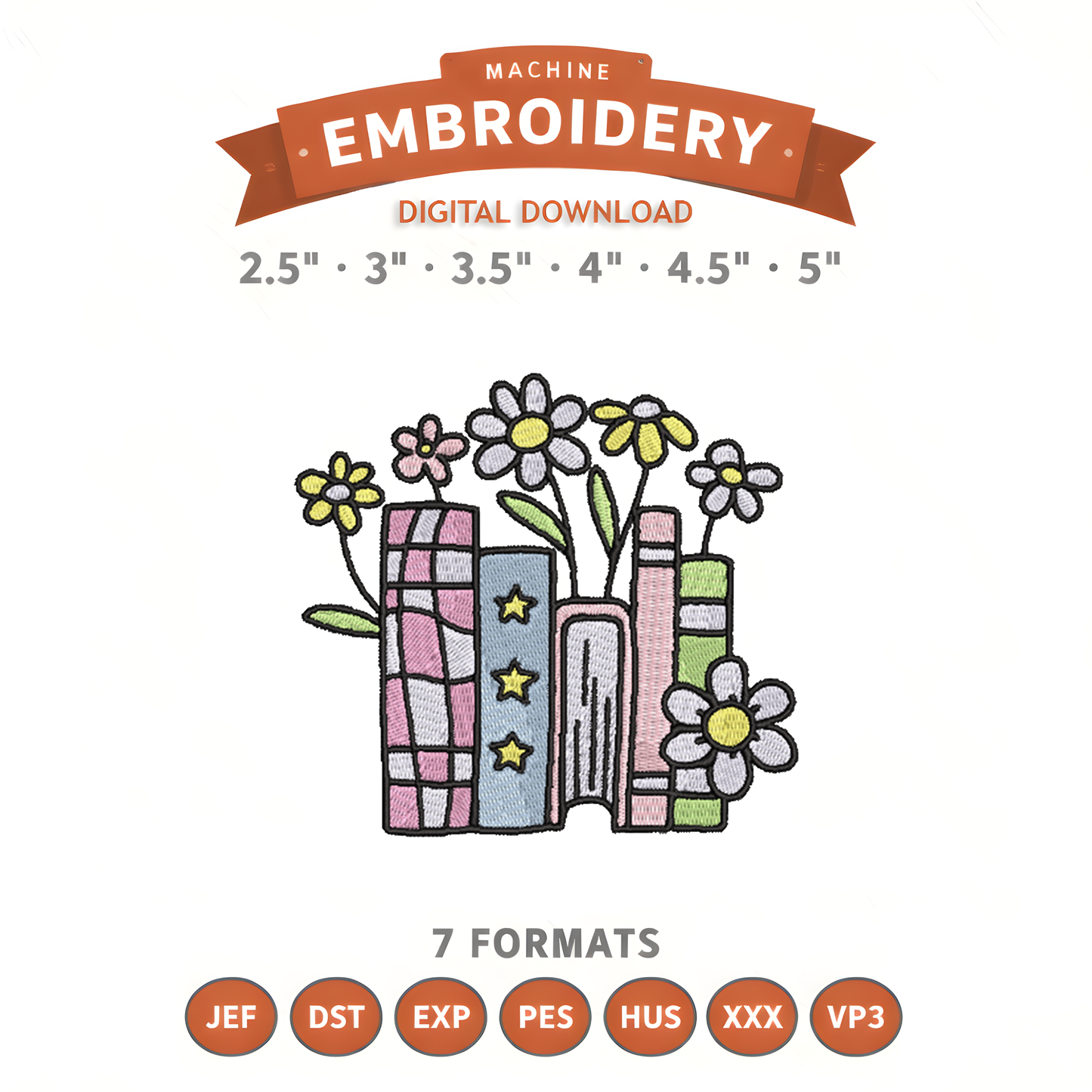 Floral Book Stack Embroidery Design File | Digital Download | 6 Sizes & 7 Formats Included Threaded Dreams