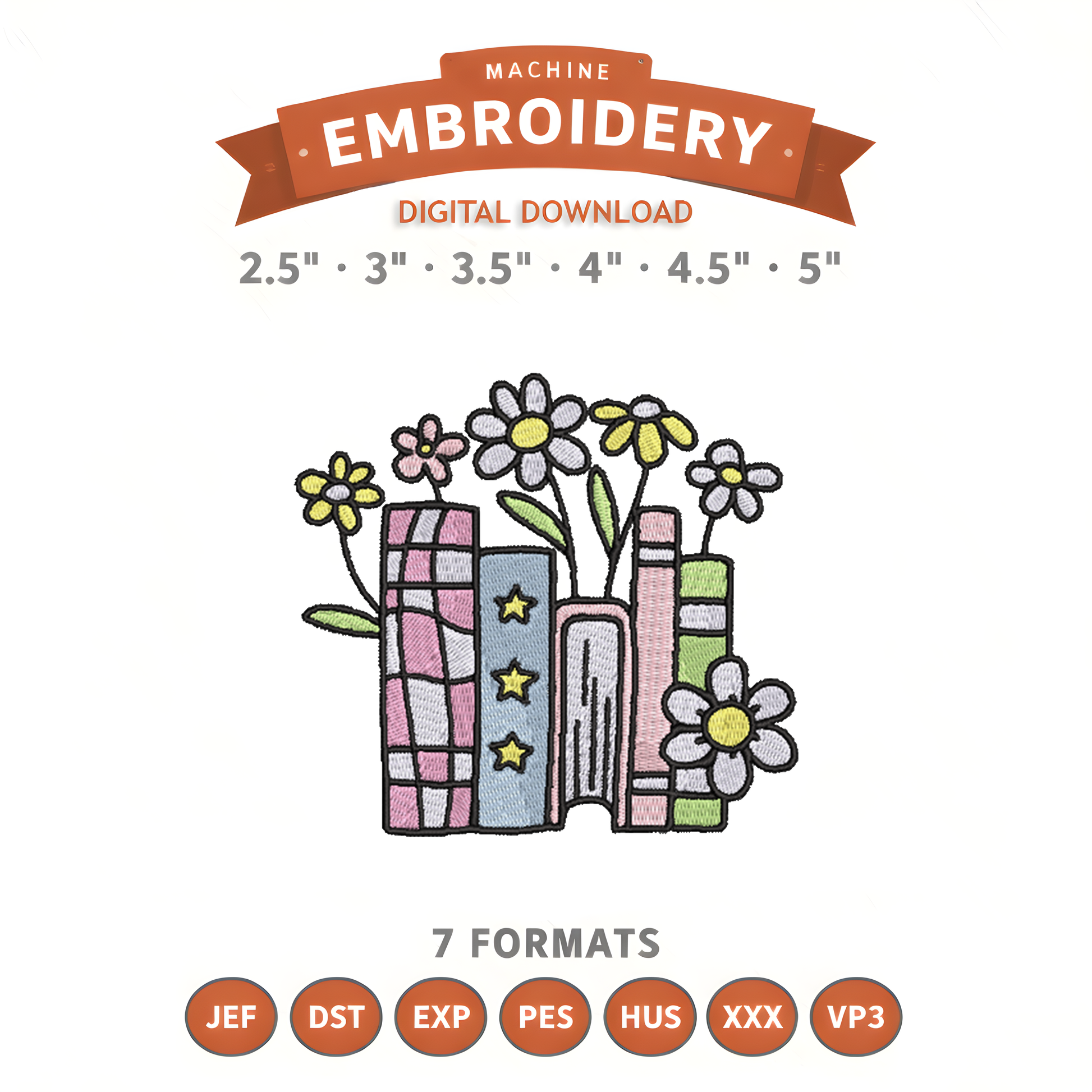 Floral Book Stack Embroidery Design File | Digital Download | 6 Sizes & 7 Formats Included Threaded Dreams