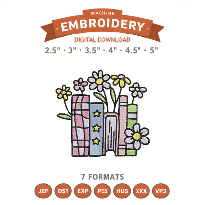 Floral Book Stack Embroidery Design File | Digital Download | 6 Sizes & 7 Formats Included Threaded Dreams