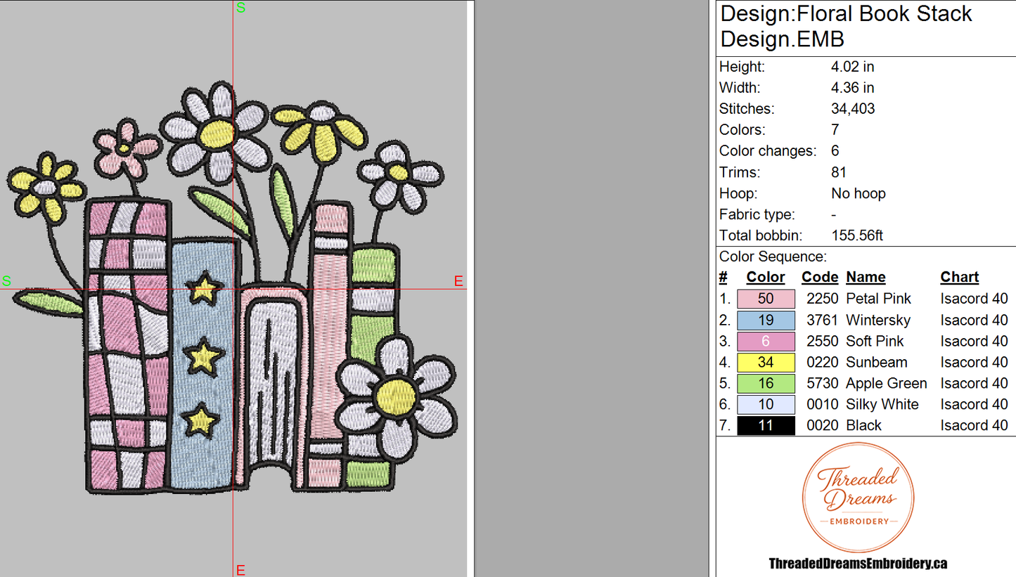Floral Book Stack Embroidery Design File | Digital Download | 6 Sizes & 7 Formats Included Threaded Dreams