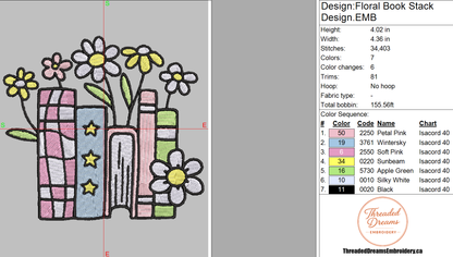 Floral Book Stack Embroidery Design File | Digital Download | 6 Sizes & 7 Formats Included Threaded Dreams