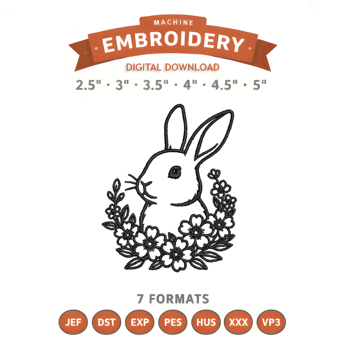 Floral Bunny Embroidery Design File | Digital Download | 6 Sizes & 7 Formats Included Threaded Dreams